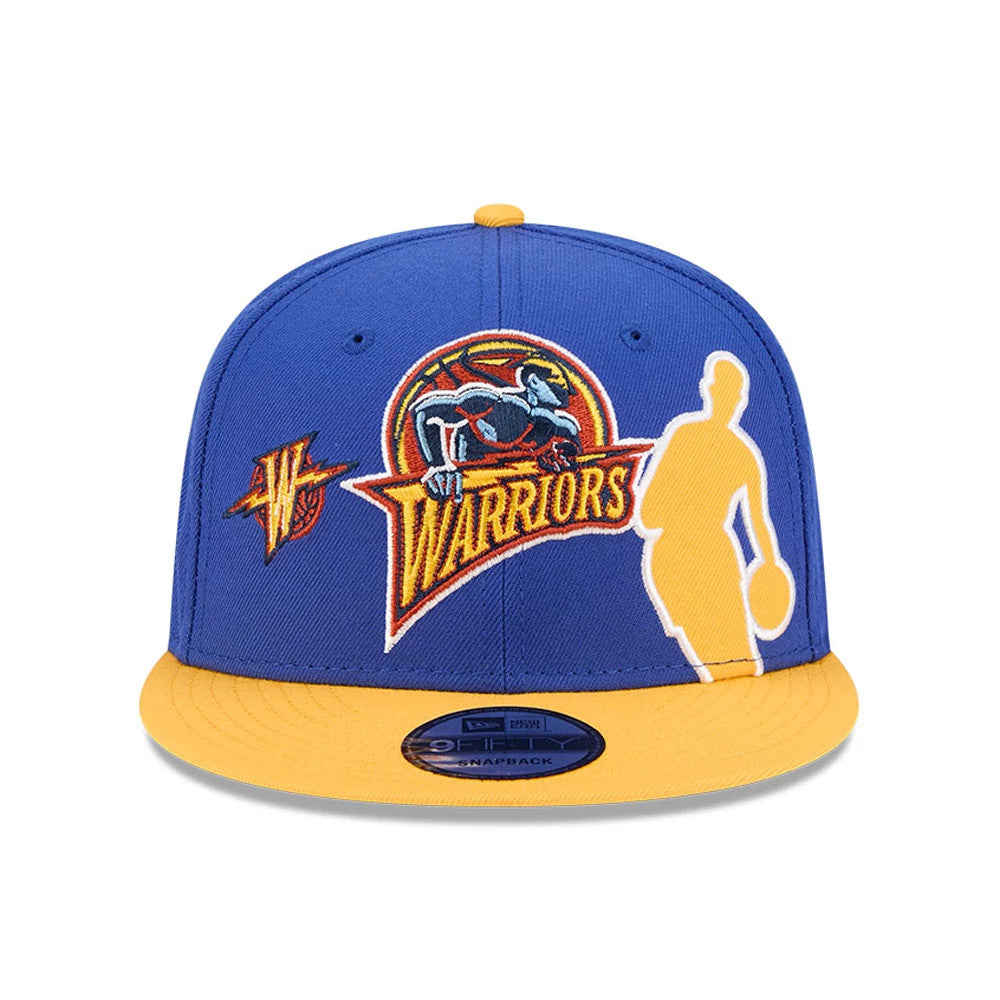 Warriors NBA Hardwood Classic ASG Blue New Era 9FIFTY Snapback Adjustable Cap, front view showing a Warriors logo with an additional graphic on the blue structured crown, paired with a contrasting gold flat visor and a 9FIFTY size sticker.