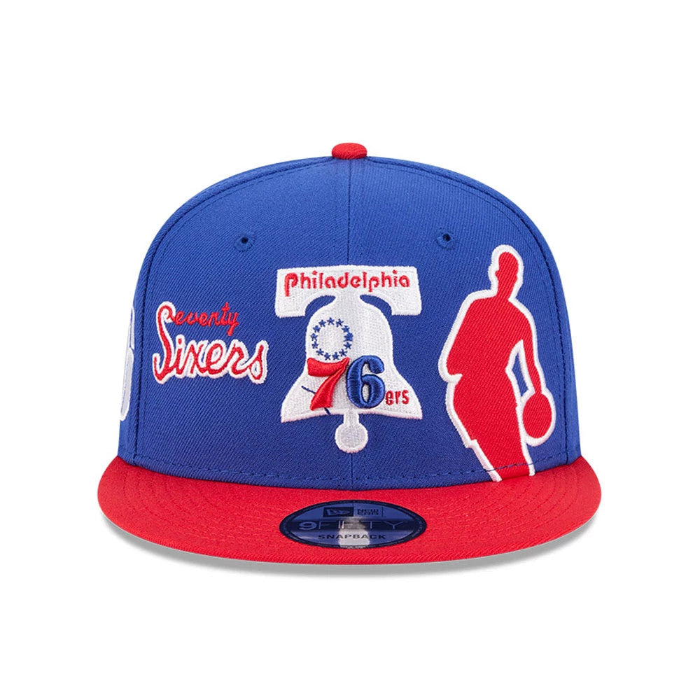 76ers NBA Hardwood Classic ASG Blue New Era 9FIFTY Snapback Adjustable Cap, front view showing the red and white Seventy Sixers logo and Liberty Bell graphic with a basketball player silhouette embroidered on the structured blue crown.