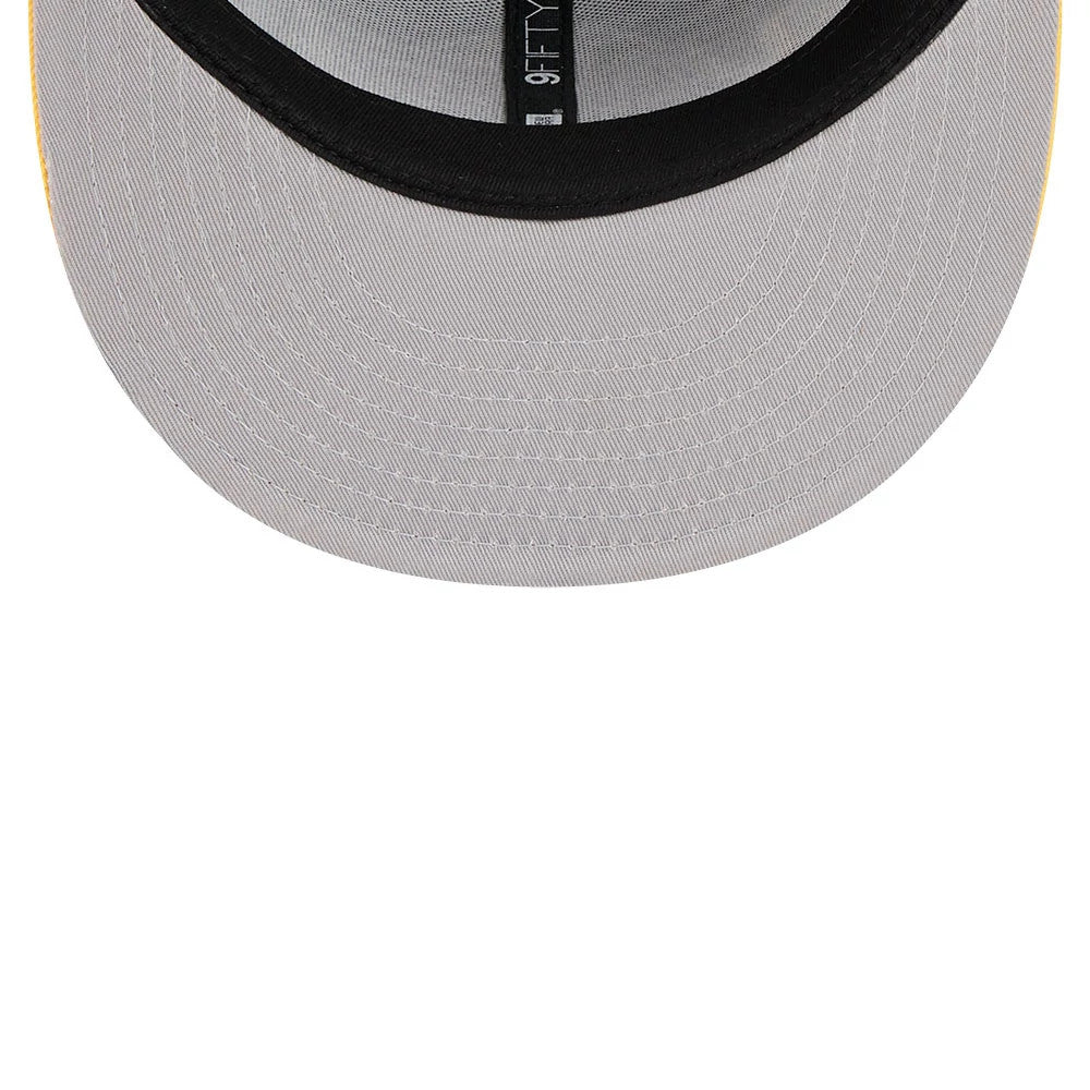 LA Lakers NBA Hardwood Classic ASG Purple New Era 9FIFTY Snapback Adjustable Cap, inside view showing a grey undervisor with a black 9FIFTY size tag attached to black taping along the crown lining.