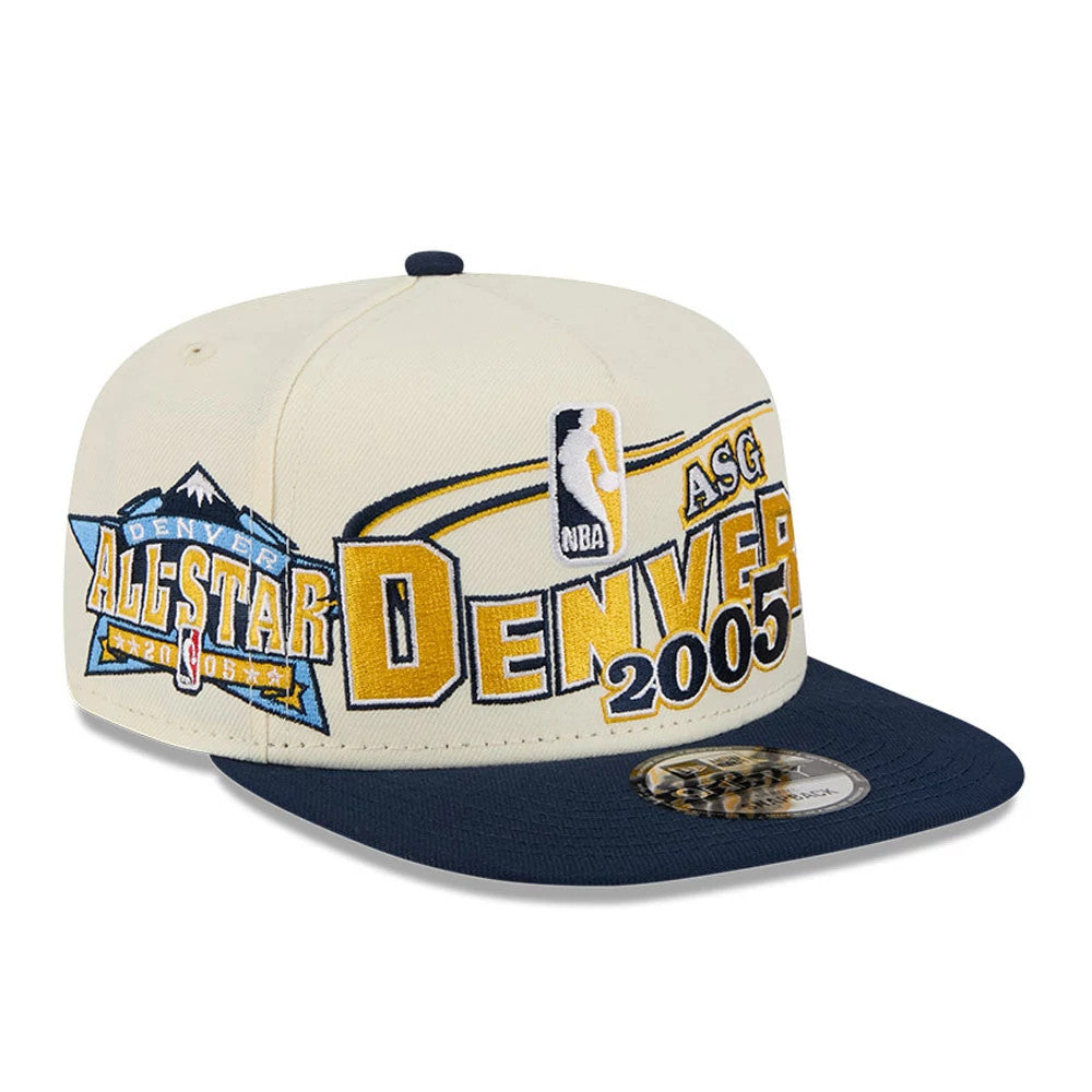 Nuggets NBA Hardwood Classic ASG White New Era 9FIFTY A-Frame Snapback Adjustable Cap, front view showing large gold and navy embroidered Denver 2005 ASG lettering on the structured white crown, with a navy visor and a silver 9FIFTY size sticker.