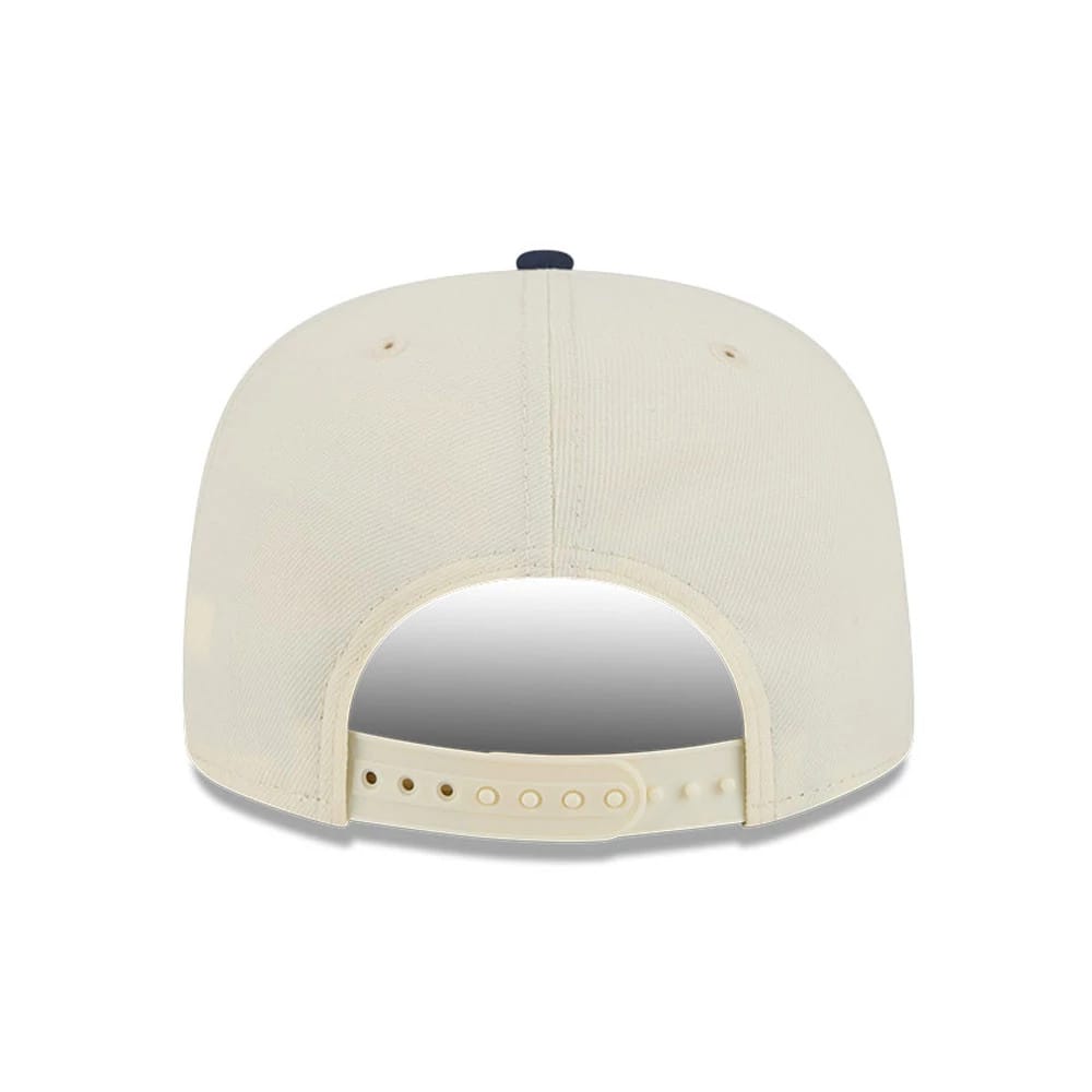Nuggets NBA Hardwood Classic ASG White New Era 9FIFTY A-Frame Snapback Adjustable Cap, rear view showing an empty centre back panel without an embroidered logo, with a navy top button, beige adjustable snapback closure and matching eyelets.
