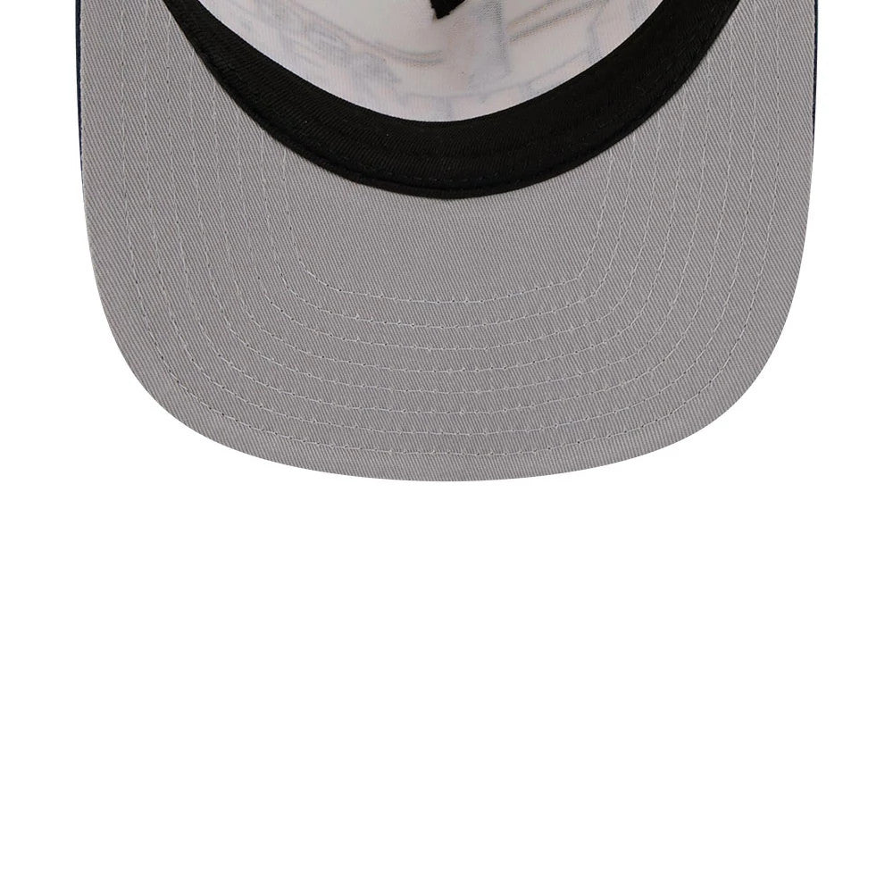 Nuggets NBA Hardwood Classic ASG White New Era 9FIFTY A-Frame Snapback Adjustable Cap, inside view showing the grey undervisor, black sweatband, and white interior panels, highlighting the detailed design on the inside of the visor.