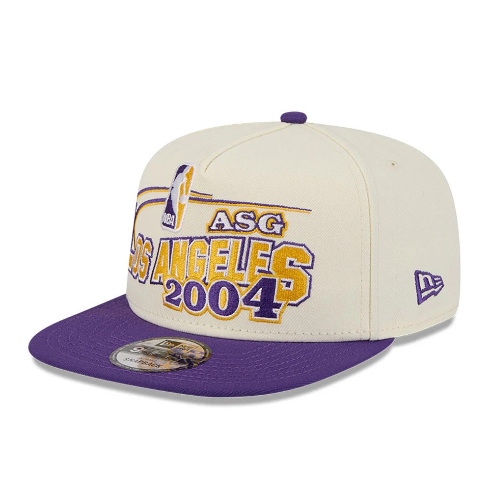 LA Lakers NBA Hardwood Classic ASG White New Era 9FIFTY A-Frame Snapback Cap, three-quarter view showing the purple and gold embroidered LOS ANGELES 2004 logo with an NBA side patch on the front, a purple flat visor.