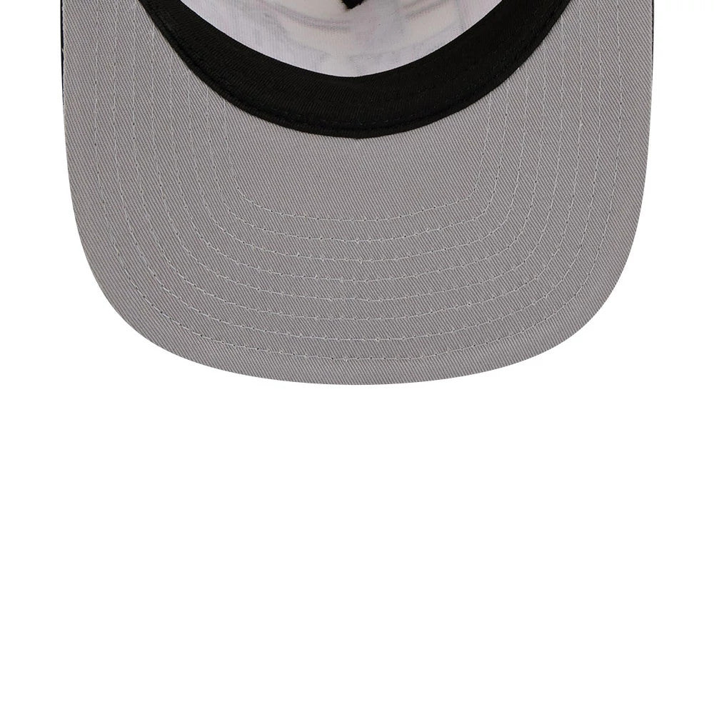 Nets NBA Hardwood Classic ASG White New Era 9FIFTY A-Frame Snapback Adjustable Cap, inside view showing a grey undervisor with detailed stitching, part of the interior crown structure, and a glimpse of the black sweatband lining.