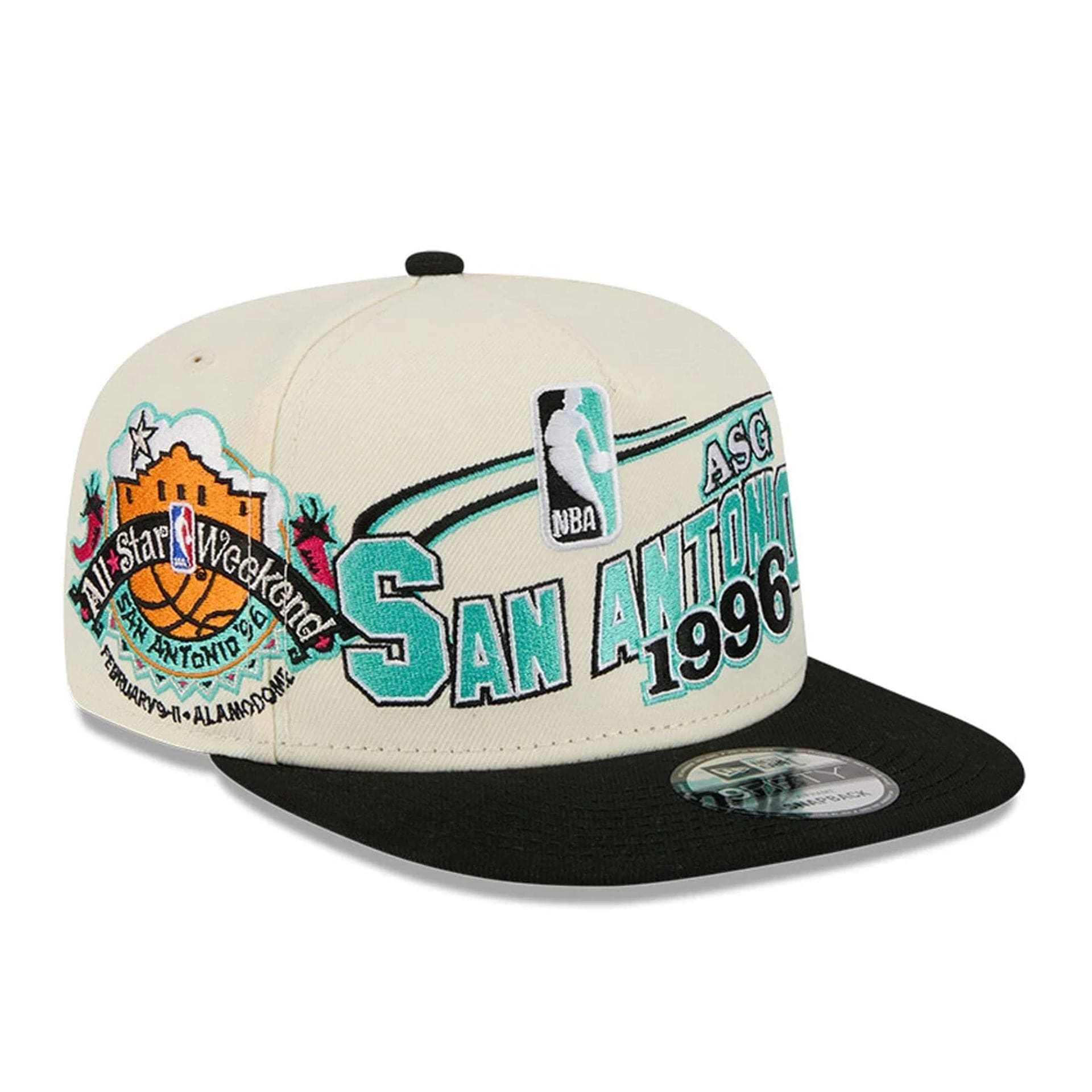 Pictured is this NBA Hardwood Classic All Star Game San Antonio Spurs 9FIFTY A-Frame Snapback cap in white. 1