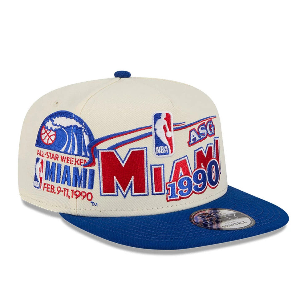 Heat NBA Hardwood Classic ASG White New Era 9FIFTY A-Frame Snapback Adjustable Cap, front view showing raised red and blue Miami 1990 embroidery, NBA logo on white front panel, and blue flat visor with 9FIFTY size sticker.