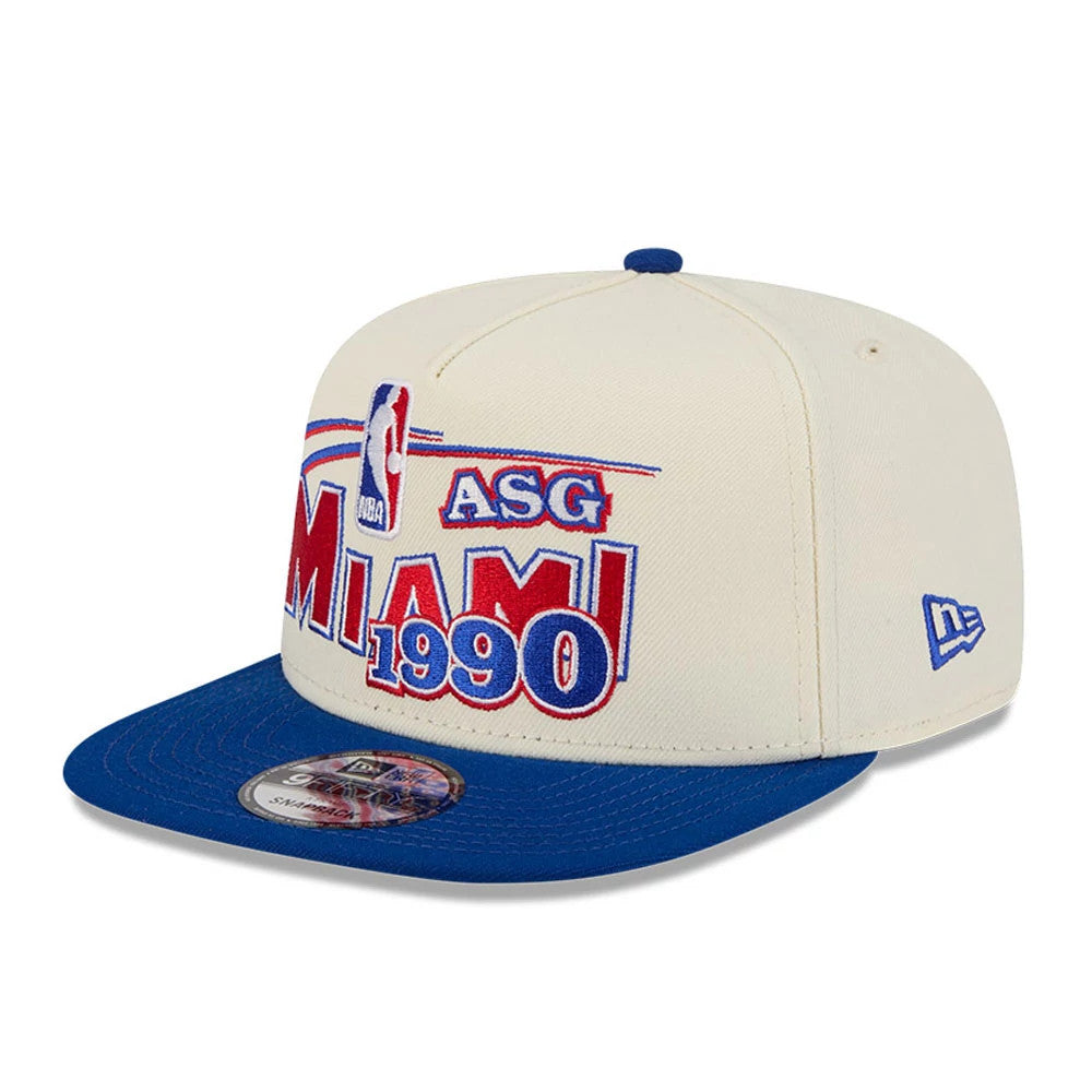 Heat NBA Hardwood Classic ASG White New Era 9FIFTY A-Frame Snapback Adjustable Cap, front view showing embroidered Miami 1990 ASG graphic in red and blue on the white crown, with a flat blue visor and a New Era flag logo on the left side.