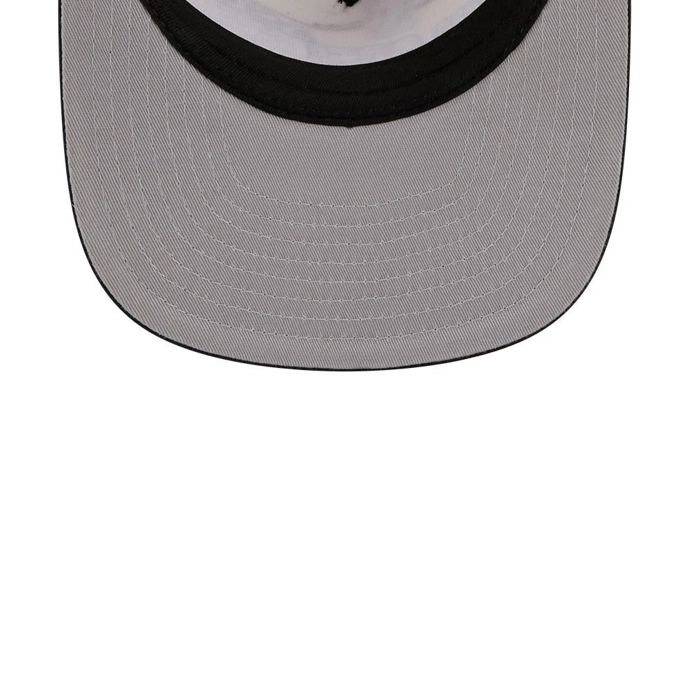 76ers NBA Hardwood Classic ASG White New Era 9FIFTY A-Frame Snapback Cap, inside view showing the white undervisor contrasting with black interior taping and sweatband, capturing the structured fit and attention to detail in craftsmanship.
