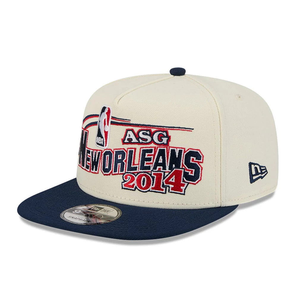 Pelicans NBA Hardwood Classic ASG White New Era 9FIFTY A-Frame Snapback Cap, front view showing the raised embroidered New Orleans 2014 ASG logo in red, white and navy on the front panels, with a navy visor and 9FIFTY size sticker.