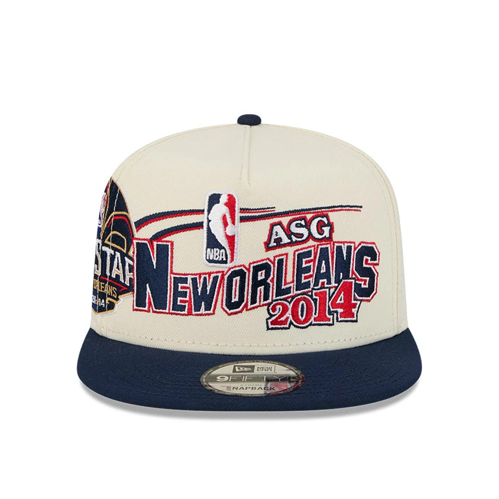 Pelicans NBA Hardwood Classic ASG White New Era 9FIFTY A-Frame Snapback Cap, front view showing the large embroidered New Orleans 2014 and ASG lettering in red and blue on the white front panel, with an NBA logo above.