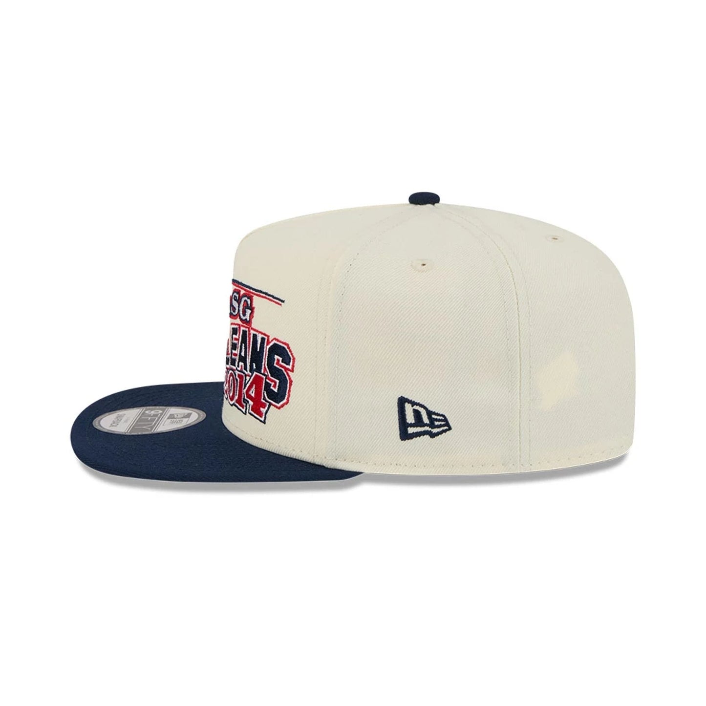 Pelicans NBA Hardwood Classic ASG White New Era 9FIFTY A-Frame Snapback Cap, side view showing a navy New Era flag logo embroidered on the left side of the structured white crown and a navy visor with a 9FIFTY size sticker.