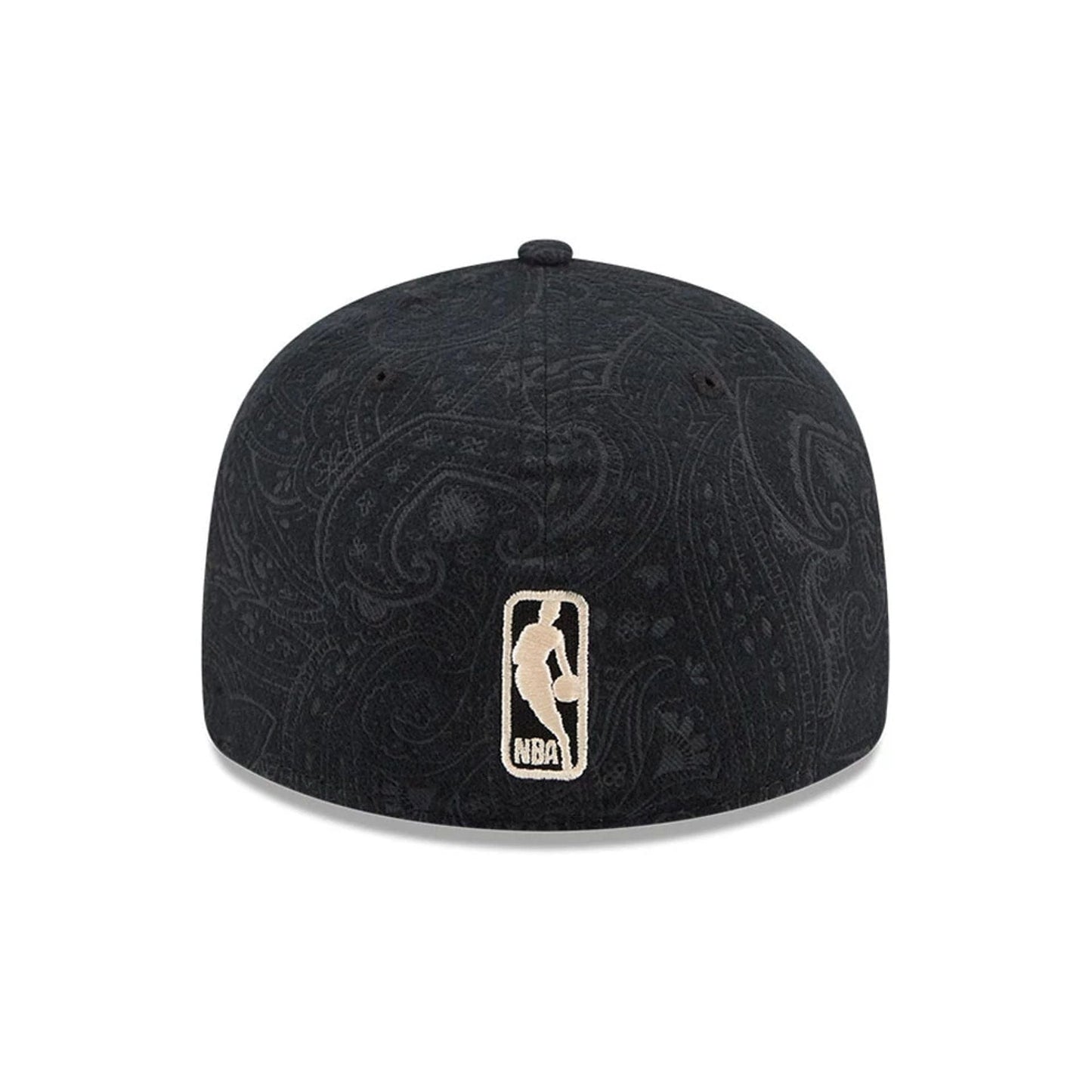 Chicago Bulls NBA Brushed Cotton Black New Era 59FIFTY Fitted Cap, rear view showing the gold embroidered NBA logo at the centre back, with a detailed paisley pattern covering the black crown and small, symmetrical eyelets.