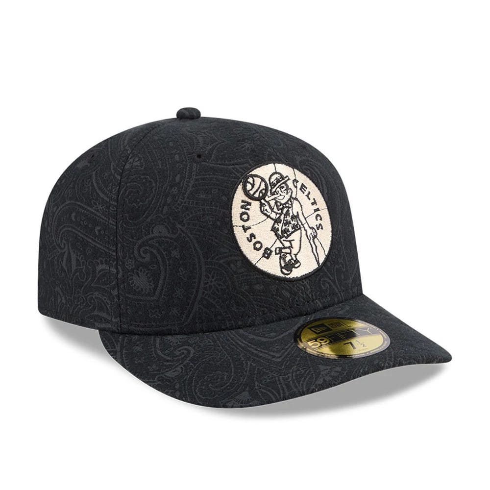 Boston Celtics NBA Brushed Cotton Black New Era 59FIFTY Fitted Cap, three-quarter view showing the embroidered Celtics logo on the front panel, a paisley pattern on the black fabric, and a gold 59FIFTY size sticker on the flat visor.