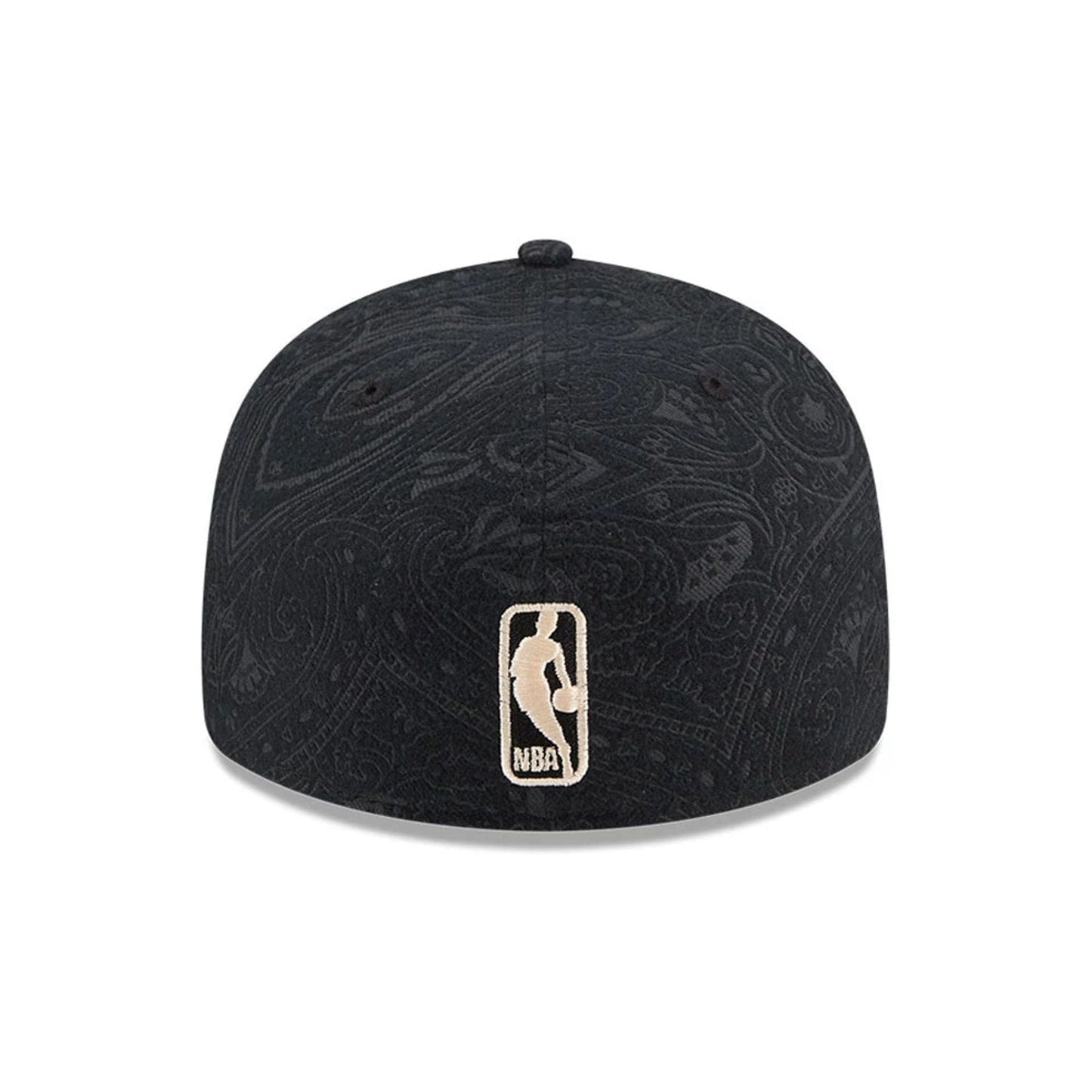 Boston Celtics NBA Brushed Cotton Black New Era 59FIFTY Fitted Cap, rear view showing the cream embroidered NBA logo at the centre back, with paisley patterns on the black structured crown and a matching black top button.