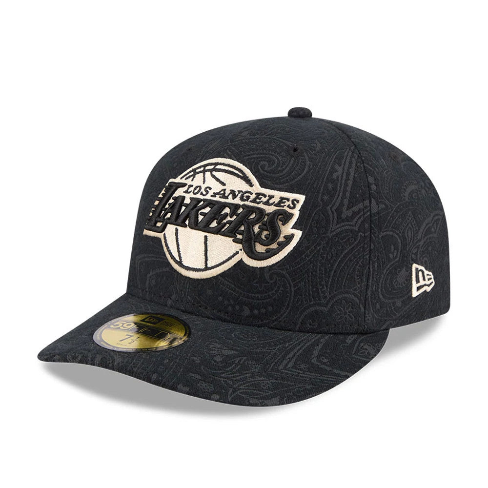 LA Lakers NBA Brushed Cotton Black New Era 59FIFTY Fitted Cap, front three-quarter view showing the raised embroidered Lakers logo in cream and black on the front panel, with an intricate paisley pattern on the crown.