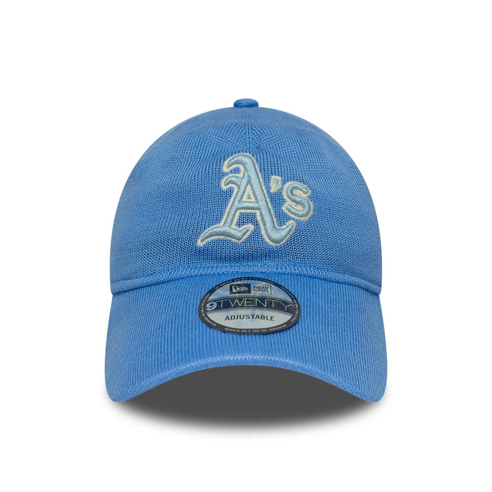 Athletics MLB Merino Wool Pastel Blue New Era 9TWENTY Adjustable Cap, front view showing a raised white A's logo centred on the structured pastel blue crown, with a curved visor and a 9TWENTY size sticker.
