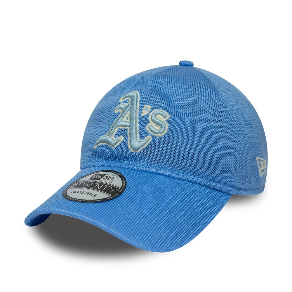 Athletics MLB Merino Wool Pastel Blue New Era 9TWENTY Adjustable Cap, three-quarter view showing the large embroidered A's logo in soft cream on the front panel, a curved pastel blue visor with a 9TWENTY size sticker.