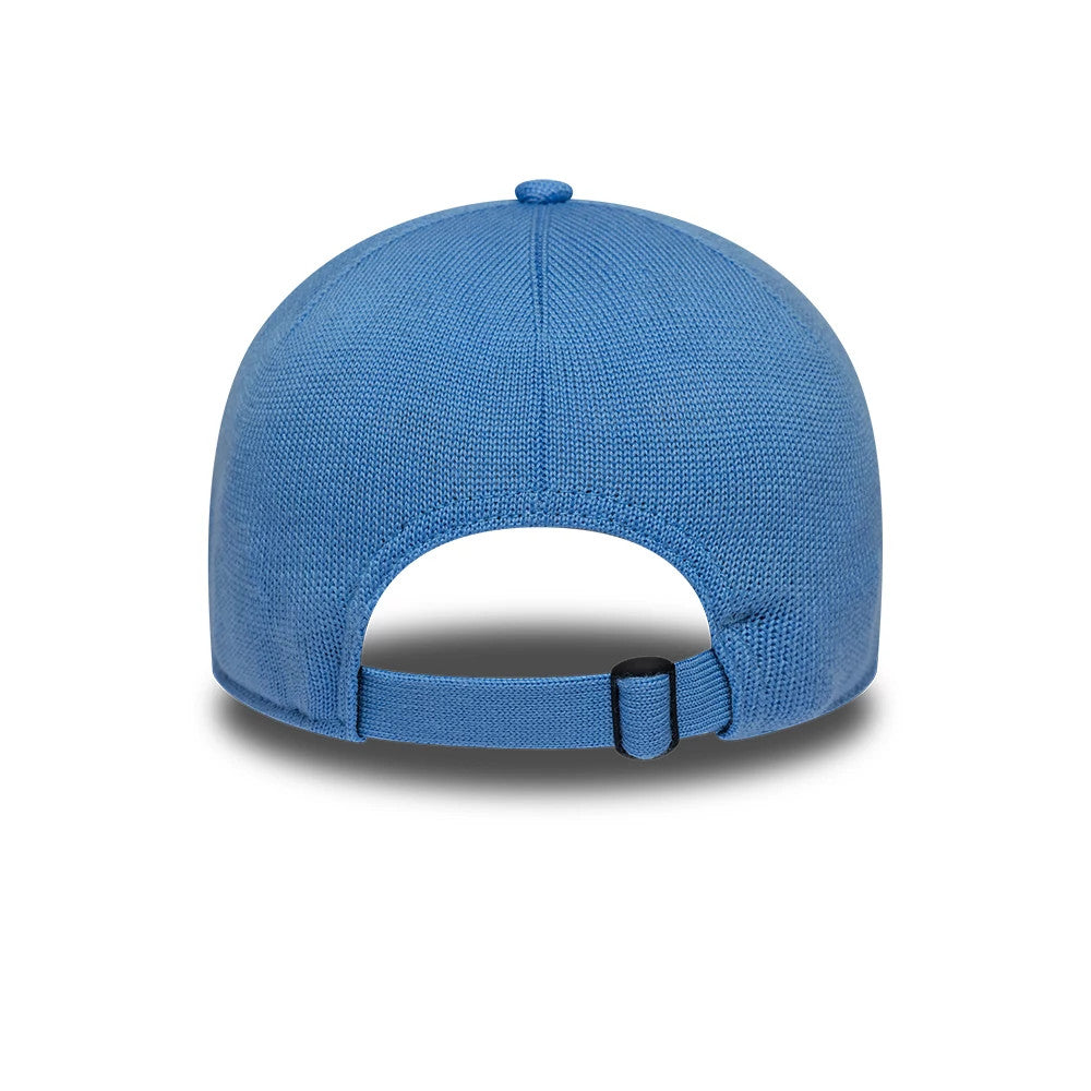 Athletics MLB Merino Wool Pastel Blue New Era 9TWENTY Adjustable Cap, rear view showing the pastel blue adjustable strap with a black buckle, a round top button, and the textured merino wool fabric covering the unstructured crown.
