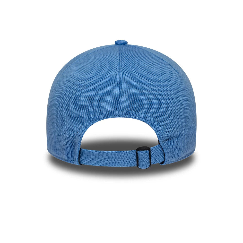 New York Yankees MLB Merino Wool Pastel Blue New Era 9TWENTY Adjustable Cap, rear view showing the soft texture of the pastel blue merino wool, an adjustable strap with a black buckle for customised fit, and a seamless structured crown.