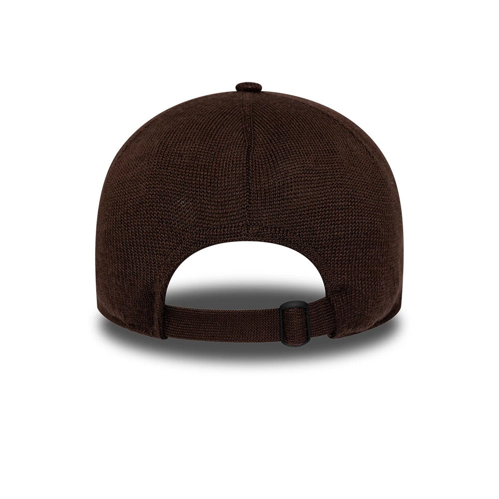 San Diego Padres MLB Core Merino Wool Dark Brown New Era 9TWENTY Adjustable Cap, rear view showing the adjustable strap closure with a buckle, rounded dark brown crown, and no back embroidery on the wool material.