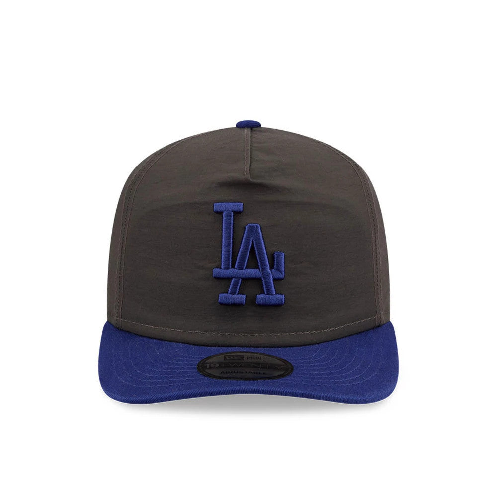 LA Dodgers MLB Nylon Black New Era 19TWENTY Adjustable Cap, front view showing a raised blue LA logo on the black front panel, dark blue flat visor with New Era 19TWENTY size sticker, and matching blue top button.