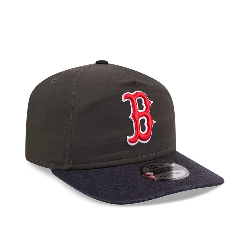 Boston Red Sox MLB Nylon Black New Era 19TWENTY Adjustable Cap, three-quarter view showing the red and white embroidered B logo on the front panel, contrasted with a black flat visor and a 19TWENTY size sticker on the visor.