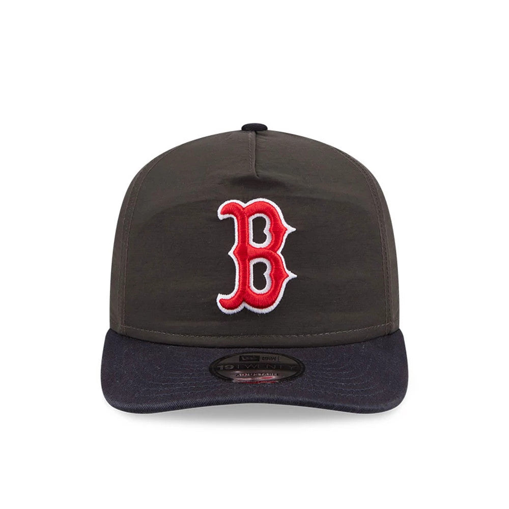 Boston Red Sox MLB Nylon Black New Era 19TWENTY Adjustable Cap, front view showing the raised red and white embroidered B logo on the structured black crown, with a matching black visor and a black 19TWENTY size sticker.