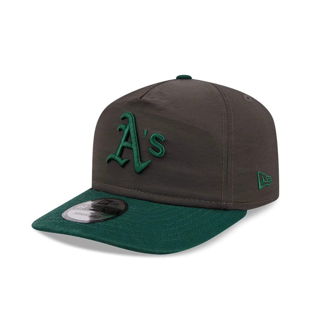 Athletics MLB Nylon Black New Era 19TWENTY Adjustable Cap, three-quarter view showing a raised green embroidered A’s logo on the front panel, a green visor with 19TWENTY size sticker, and the New Era flag logo on the left side.
