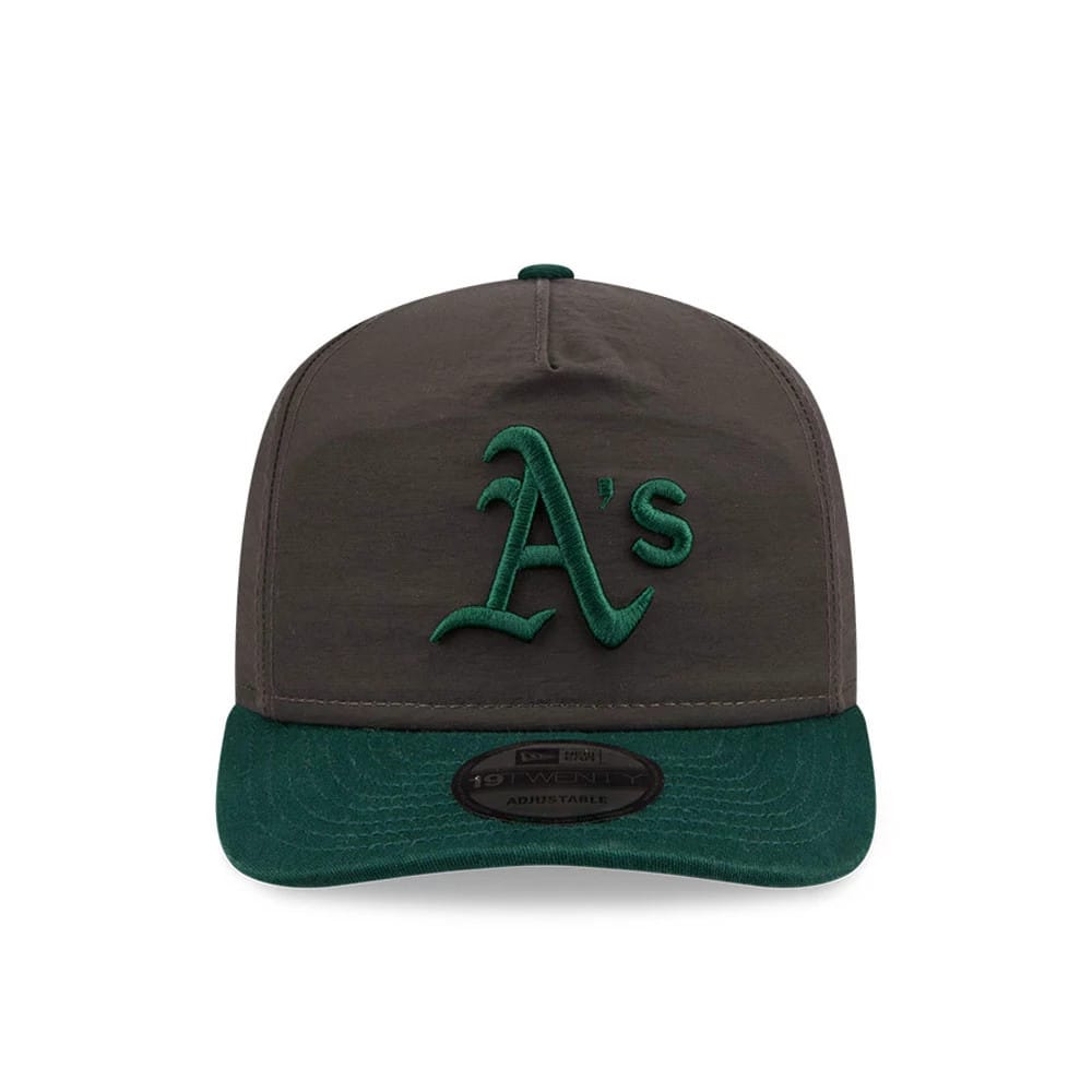 Athletics MLB Nylon Black New Era 19TWENTY Adjustable Cap, front view showing the green embroidered A's logo centred on the black crown, with a contrasting green visor and a 19TWENTY size sticker on the visor.