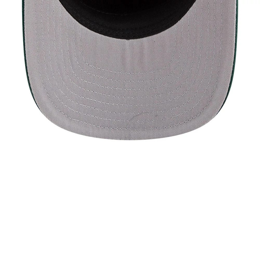 Athletics MLB Nylon Black New Era 19TWENTY Adjustable Cap, underside view showing a grey undervisor with lined stitching, a green edge on the visor, and a glimpse of the black crown above.