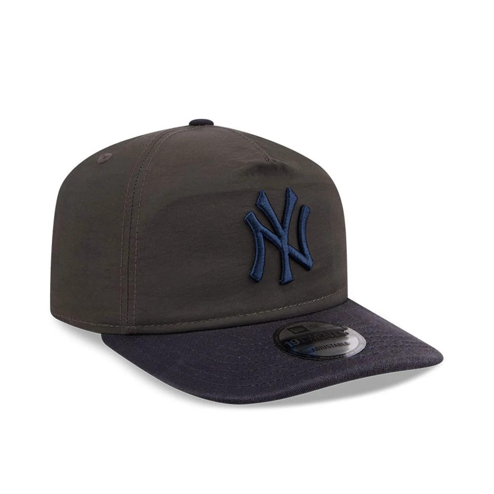 New York Yankees MLB Nylon Black New Era 19TWENTY Adjustable Cap, three-quarter view showing a navy blue embroidered NY logo on the front panel, a flat black visor with a 19TWENTY size sticker, and a slightly curved crown.