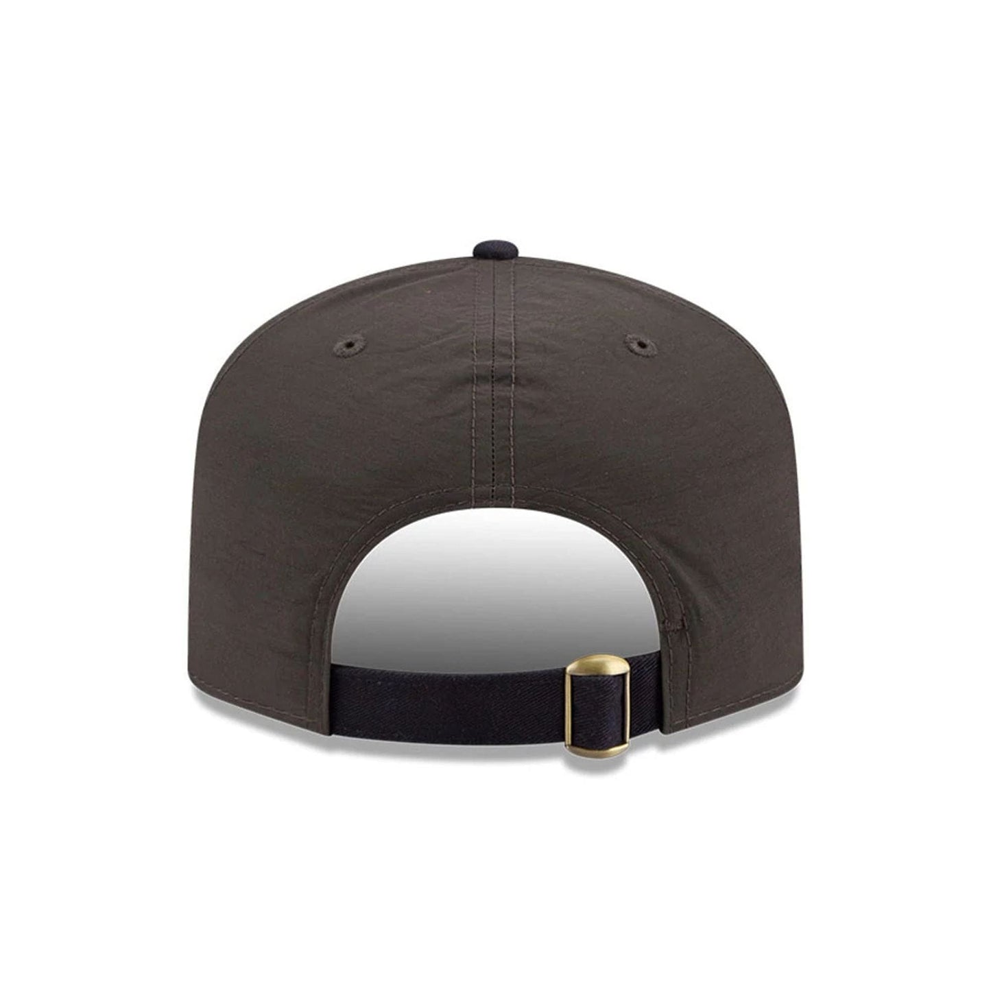 New York Yankees MLB Nylon Black New Era 19TWENTY Adjustable Cap, rear view showing a curved black strap with a gold buckle for adjustability, two round eyelets on each side, and a centred top button on the soft black crown.