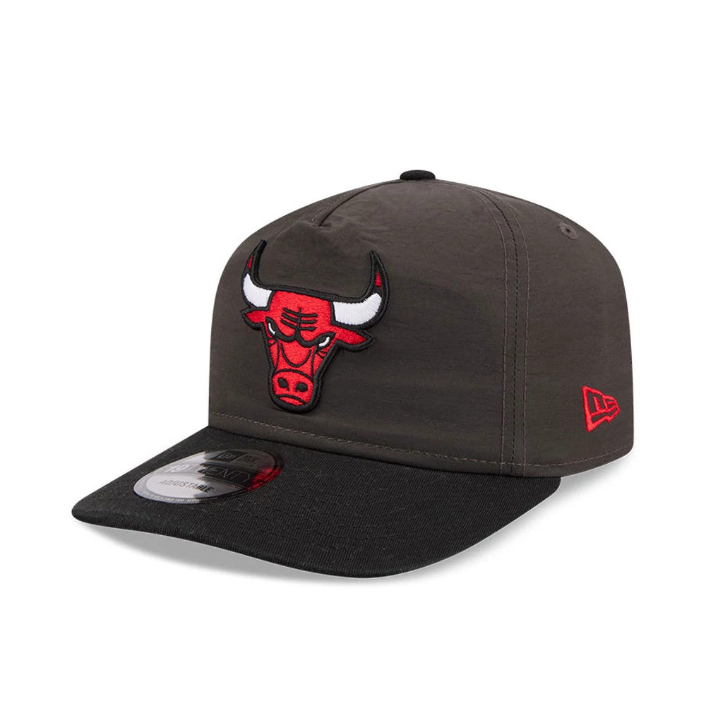 Chicago Bulls NBA Nylon Black New Era 19TWENTY Adjustable Cap, three-quarter view showing a red and white embroidered Bulls logo on the front panel, a red New Era flag logo on the left side, and a black visor with a 19TWENTY size sticker.