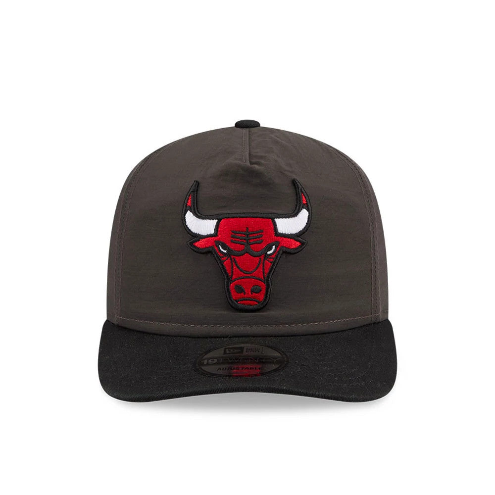 Chicago Bulls NBA Nylon Black New Era 19TWENTY Adjustable Cap, front view showing the red embroidered Bulls logo on the front panel, contrasted with a black curved visor and a centred black 19TWENTY size sticker on the visor.