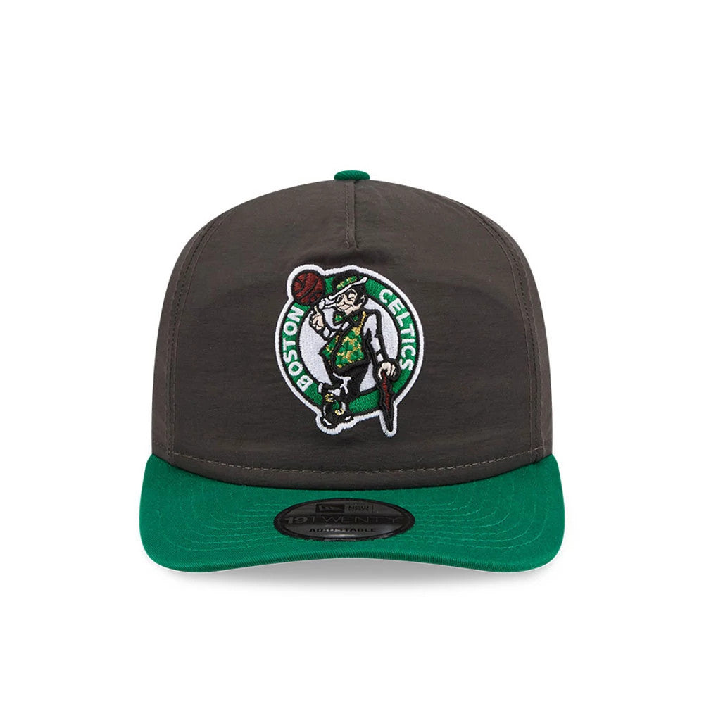 Boston Celtics NBA Nylon Black New Era 19TWENTY Adjustable Cap, front view showing the embroidered Celtics logo on the structured black crown, with a contrasting green flat visor and a 19TWENTY size sticker at the centre.