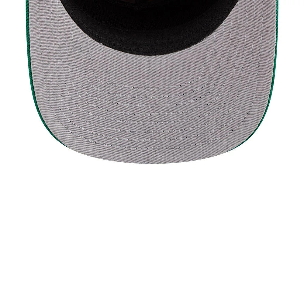 Boston Celtics NBA Nylon Black New Era 19TWENTY Adjustable Cap, inside view showing the grey undervisor with green edge detail, a black sweatband inside the cap, and the structured stitching of the visor.
