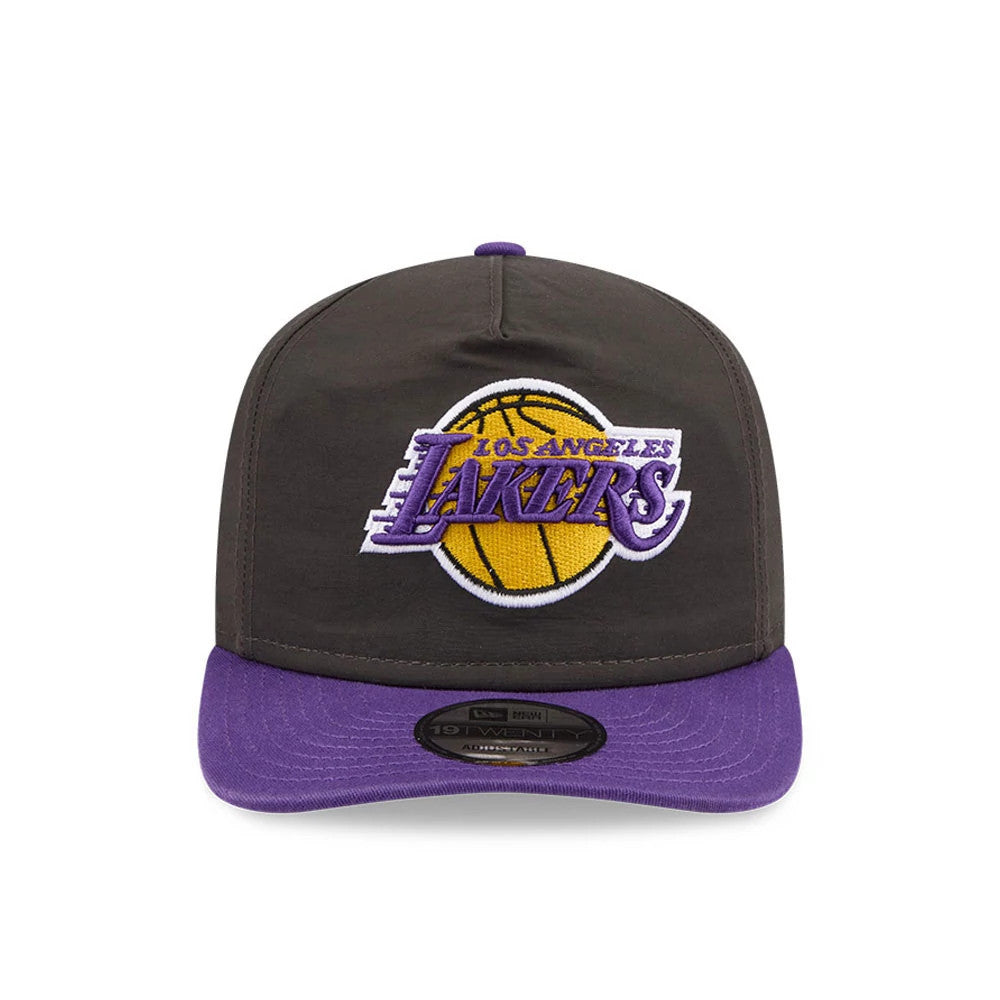 LA Lakers NBA Nylon Black New Era 19TWENTY Adjustable Cap, front view showing the raised purple and yellow Lakers logo embroidered on the black front panel, paired with a purple visor and featuring a black 19TWENTY size sticker on the visor.