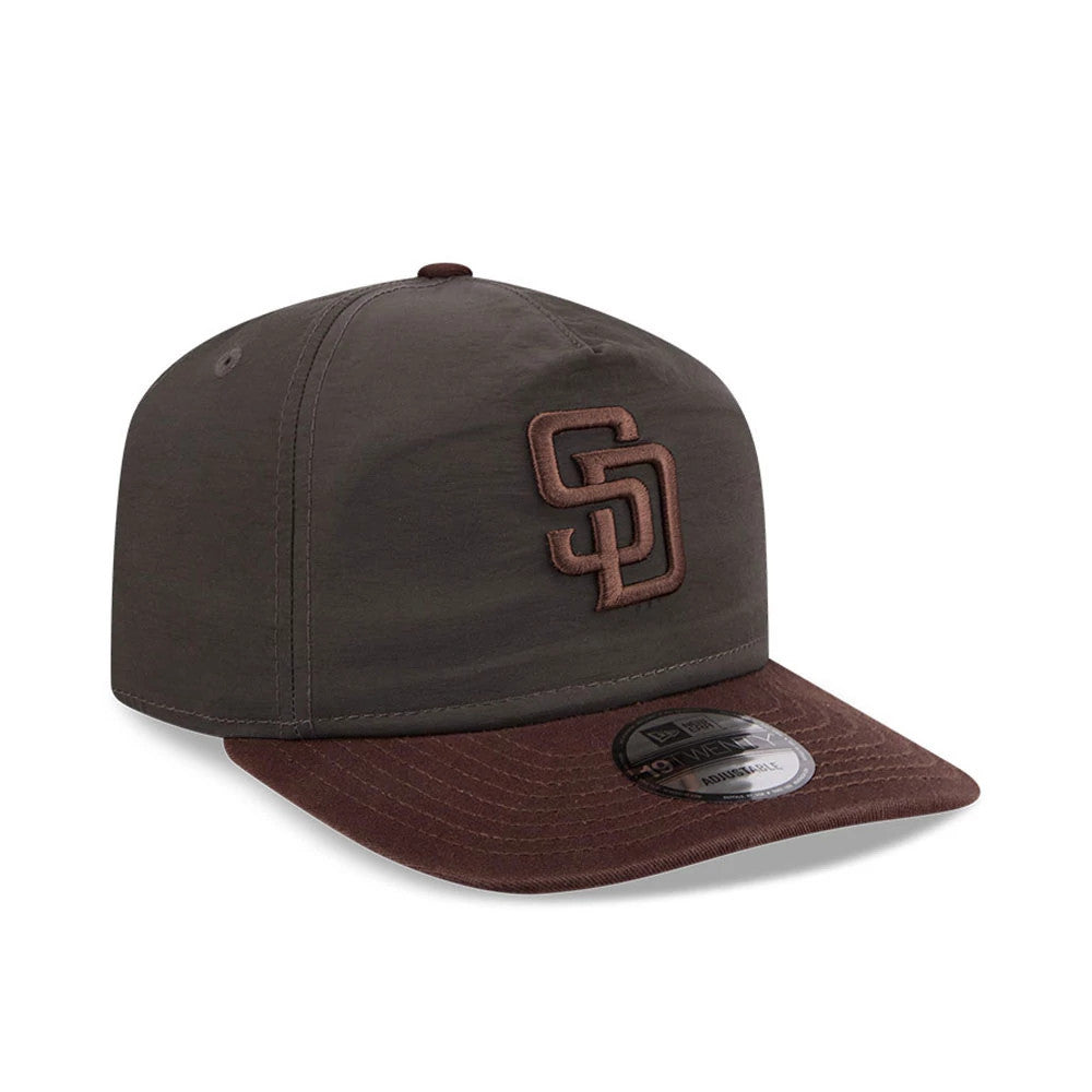 San Diego Padres MLB Nylon Black New Era 19TWENTY Adjustable Cap, three-quarter view showing the brown embroidered SD logo on the front panel, complemented by a brown visor with a 19TWENTY size sticker, and an unstructured black crown.