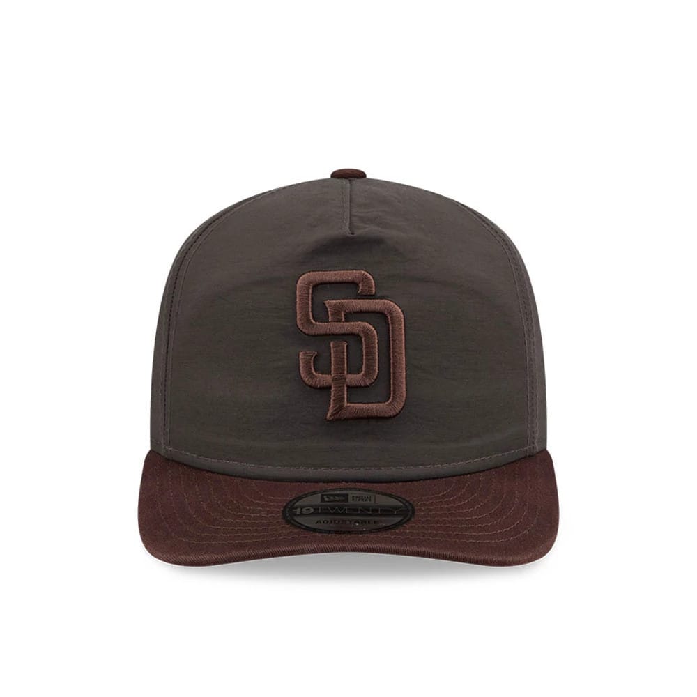 San Diego Padres MLB Nylon Black New Era 19TWENTY Adjustable Cap, front view showing the brown embroidered SD logo on the structured black crown, with a brown curved visor and a 19TWENTY size sticker on the visor.