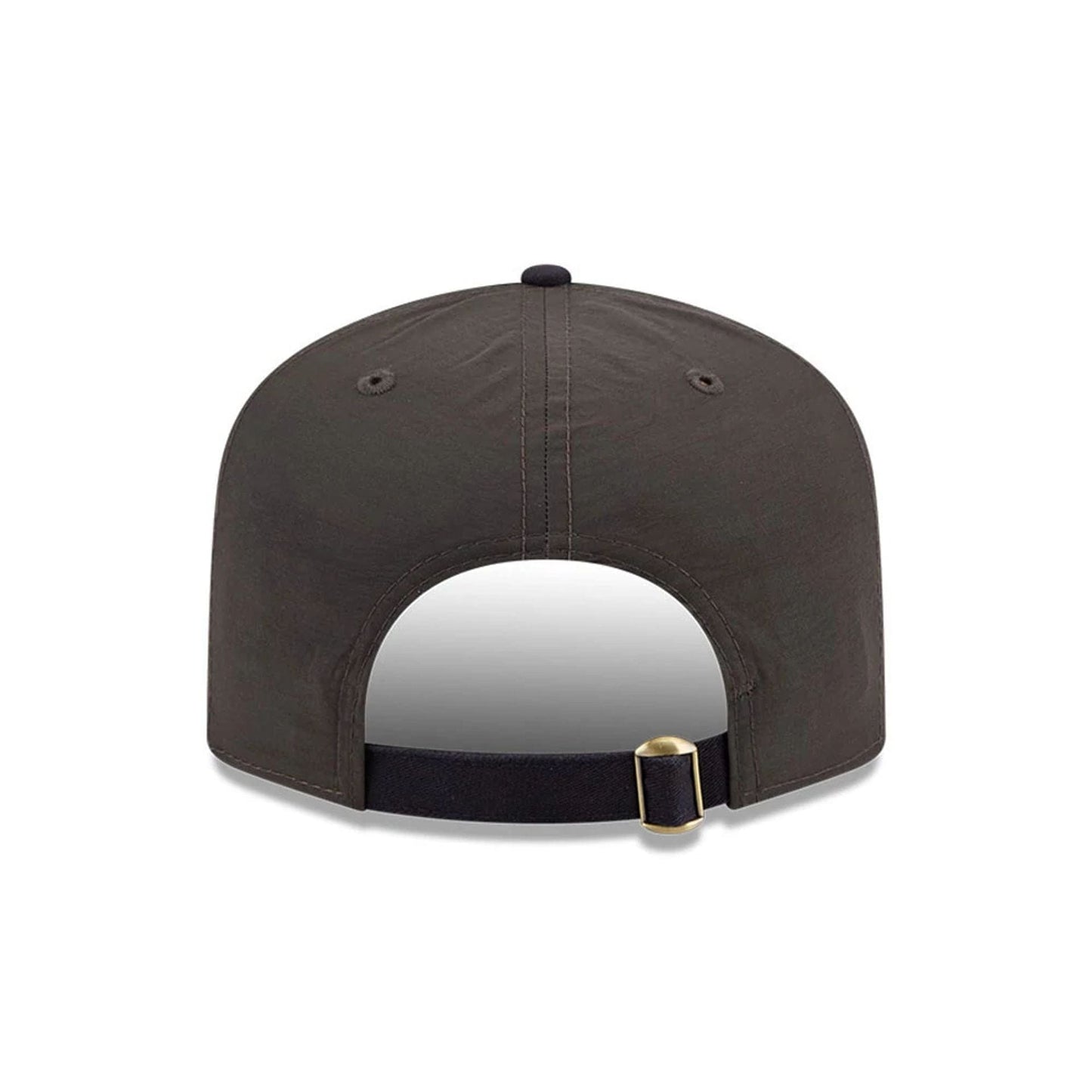 Detroit Tigers MLB Nylon Black New Era 19TWENTY Adjustable Cap, rear view showing a black adjustable strap with a gold fastener, two centred embroidered eyelets on the black nylon crown, and a matching black top button.