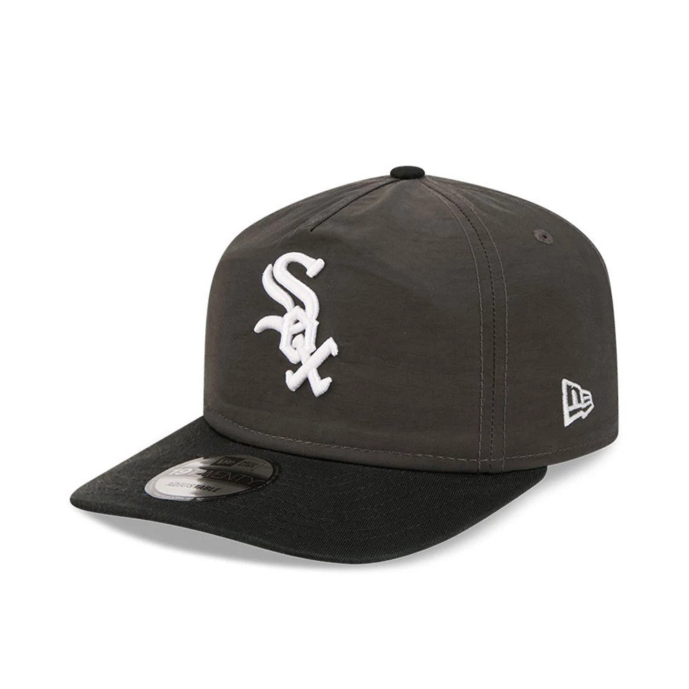 Chicago White Sox MLB Nylon Black New Era 19TWENTY Adjustable Cap, three-quarter view showing the raised white Sox logo embroidered on the front panel, a black flat visor with a 19TWENTY size sticker, and the New Era flag logo on the left side.