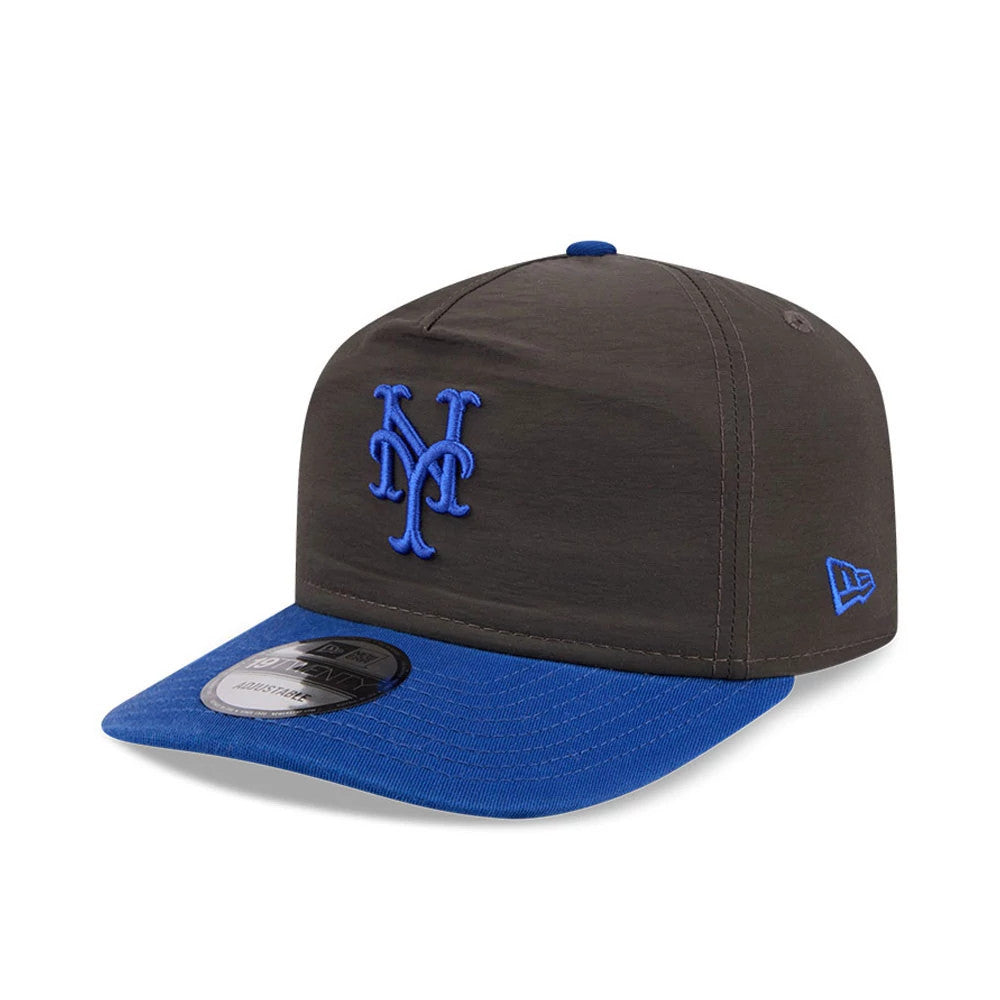 New York Mets MLB Nylon Black New Era 19TWENTY Adjustable Cap, three-quarter view showing the royal blue embroidered Mets logo on the front panel, a contrasting blue curved visor with a 19TWENTY size sticker.