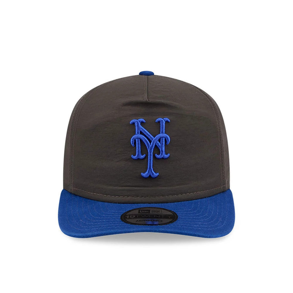 New York Mets MLB Nylon Black New Era 19TWENTY Adjustable Cap, front view showing the raised blue embroidered Mets logo on the structured black crown, a contrasting blue visor and a black 19TWENTY size sticker on the flat visor.