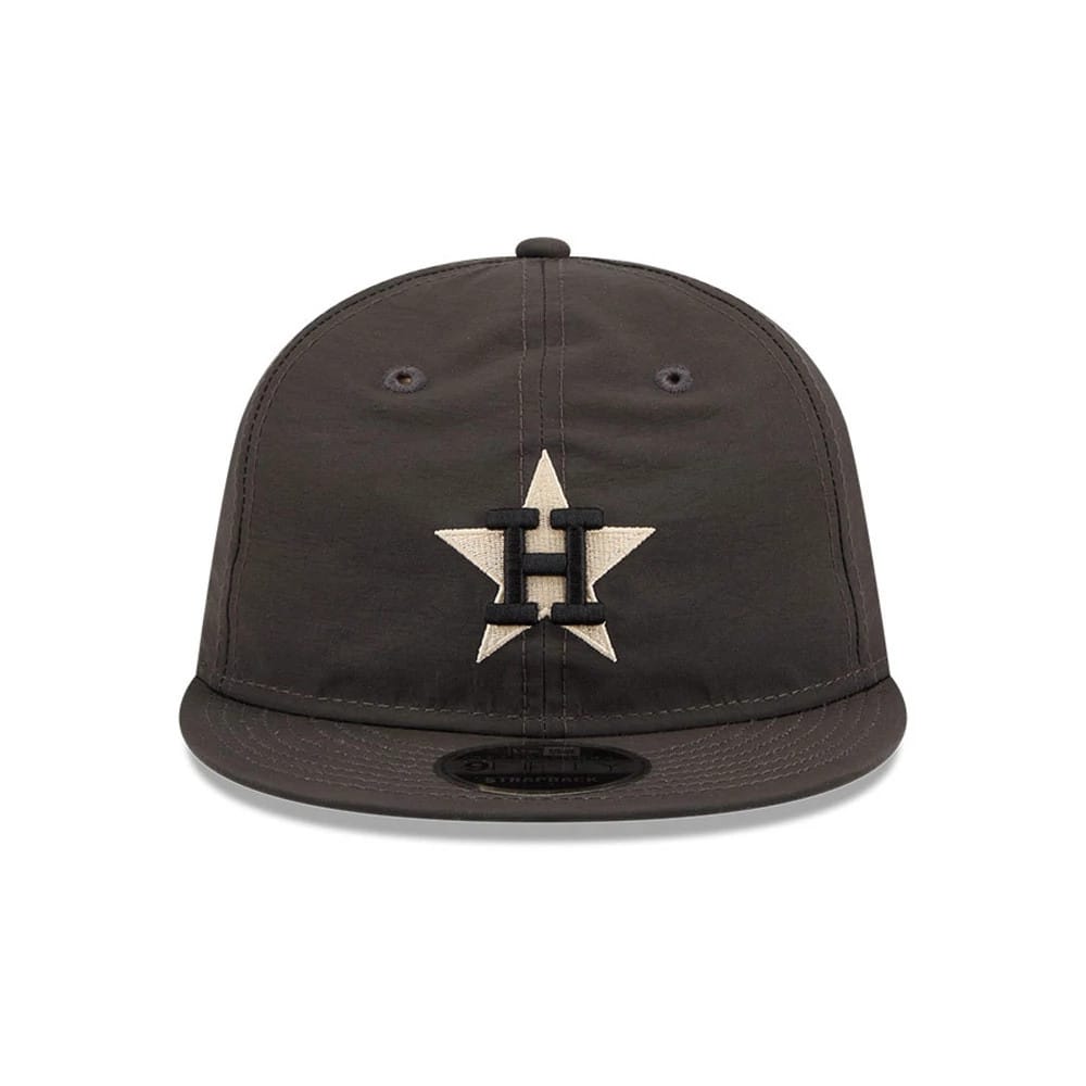 Houston Astros MLB Nylon Black Retro Crown New Era 9FIFTY Adjustable Cap, front view showing a black and white embroidered star logo with an H on the front panel, black curved visor and black 9FIFTY size sticker.