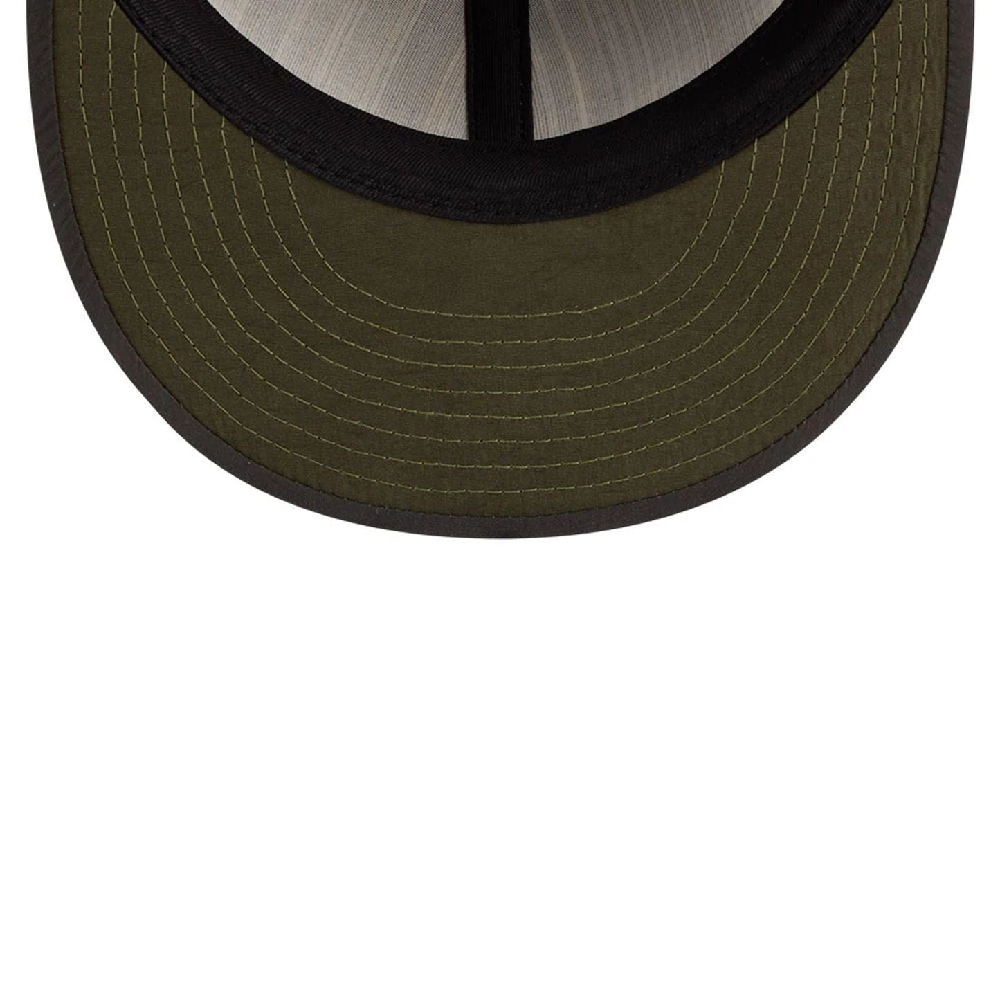 Houston Astros MLB Nylon Black Retro Crown New Era 9FIFTY Adjustable Cap, inside view showing a dark olive undervisor with light stitching, grey taping along the panel seams, and a black sweatband encircling the cap's interior.