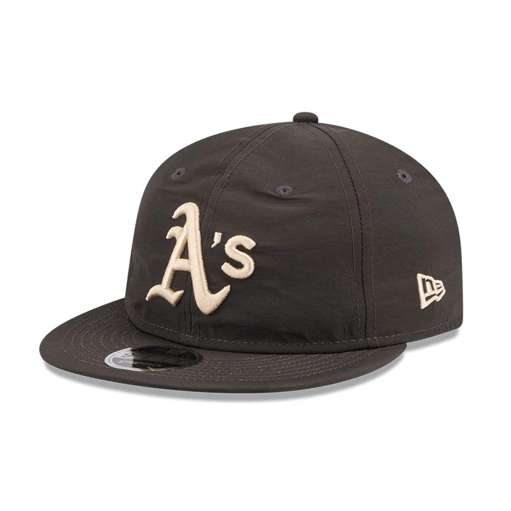 Athletics MLB Nylon Black Retro Crown New Era 9FIFTY Adjustable Cap, three-quarter view showing the cream embroidered A's logo on the front panel, a black flat visor with a 9FIFTY size sticker, and the New Era flag logo on the left side.