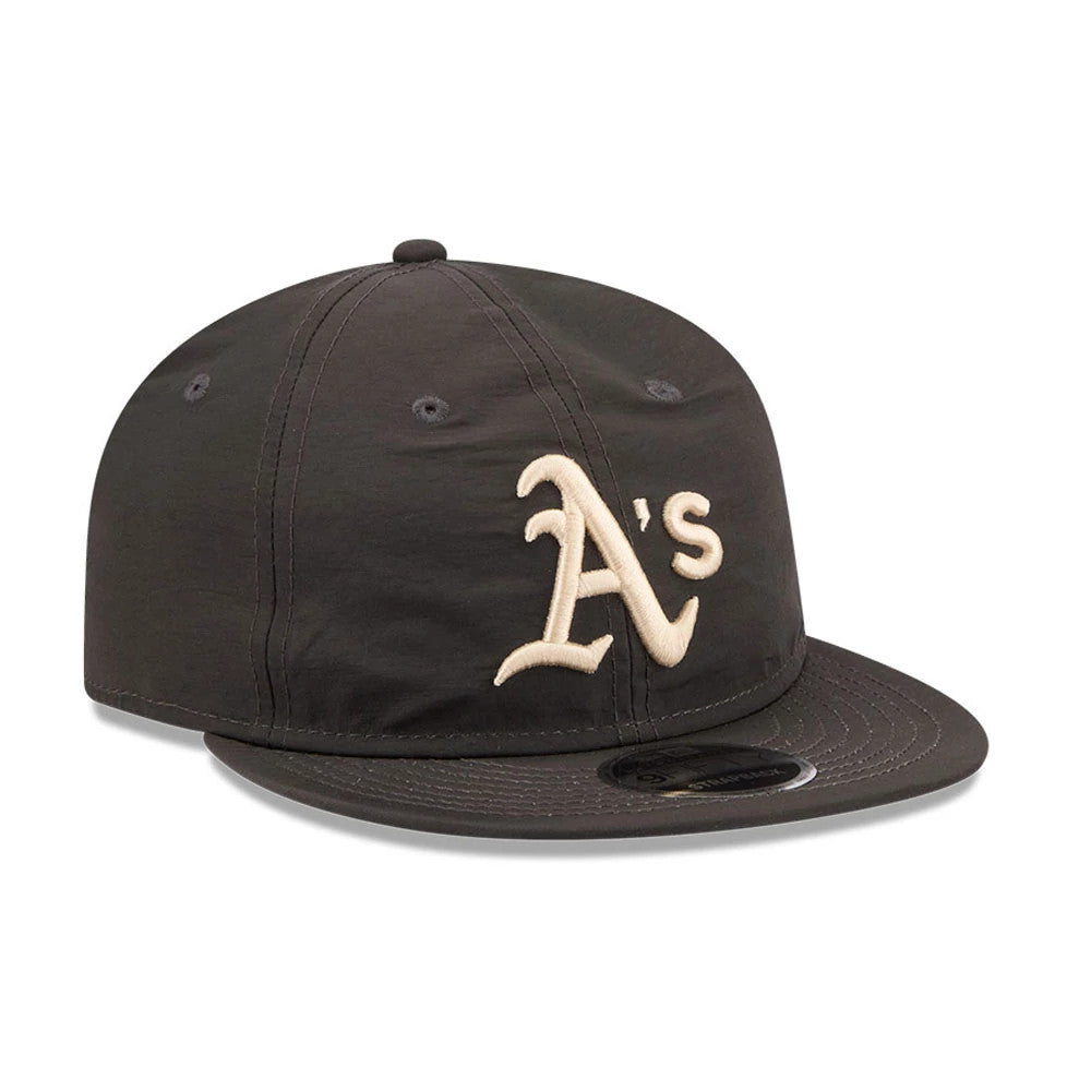 Athletics MLB Nylon Black Retro Crown New Era 9FIFTY Adjustable Cap, front view showing the raised cream A’s logo embroidered on the front panel, complemented by a black curved visor with a black 9FIFTY size sticker.