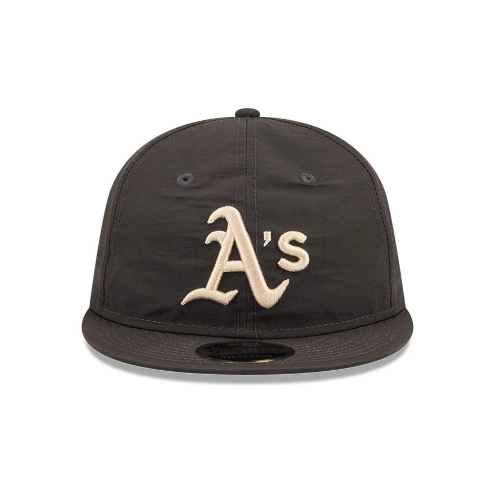 Athletics MLB Nylon Black Retro Crown New Era 9FIFTY Adjustable Cap, front view showing the raised beige embroidered A's logo on the black structured crown, black flat visor with a 9FIFTY size sticker, and matching top button.