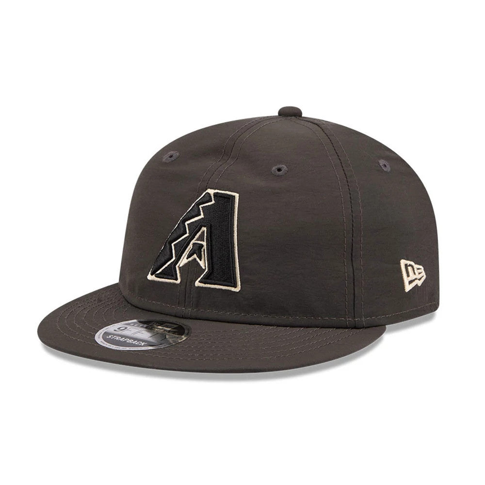 Arizona Diamondbacks MLB Nylon Black Retro Crown New Era 9FIFTY Adjustable Cap, three-quarter view showing a black and white A logo in raised embroidery on the front panel, a curved black visor, and the New Era flag logo on the left side.