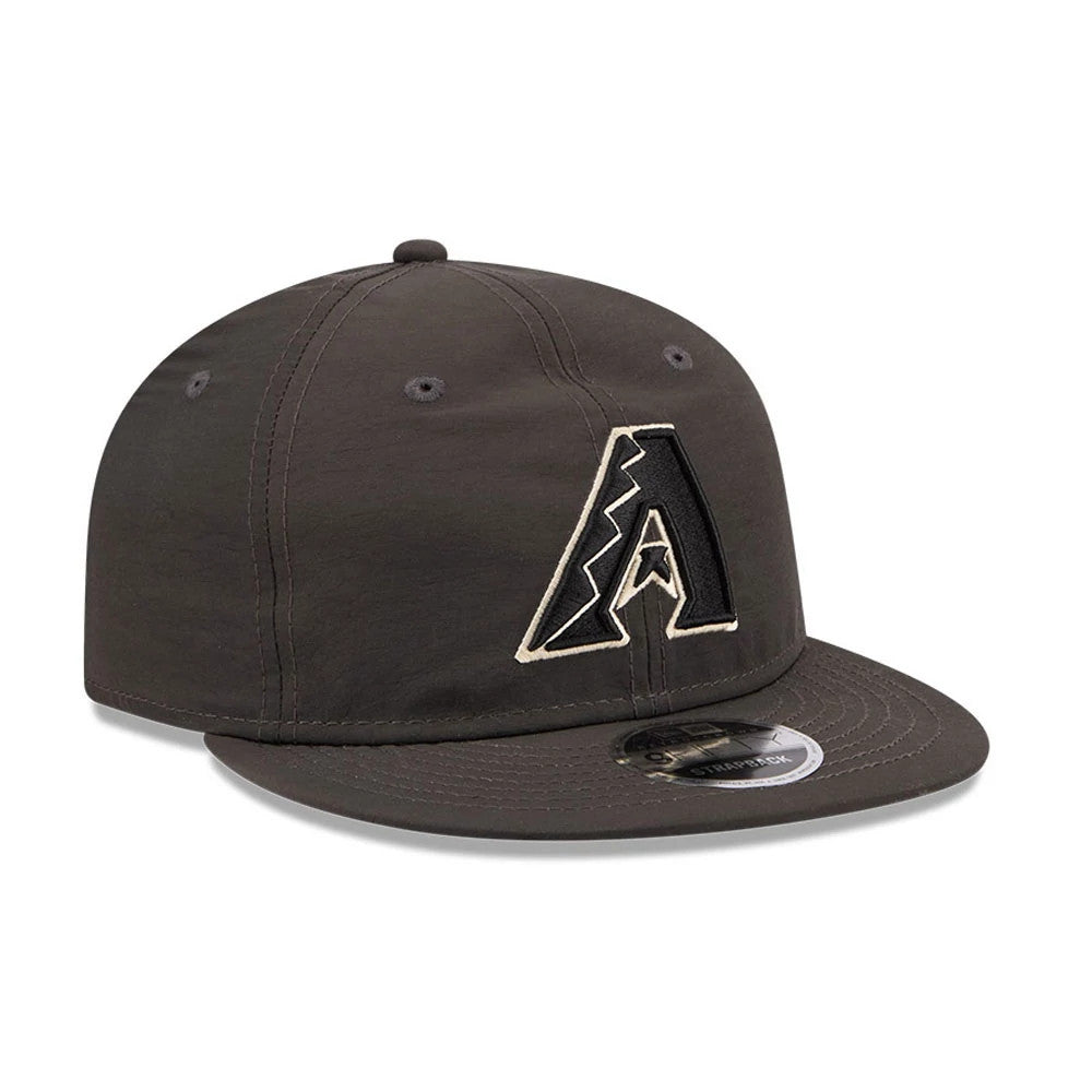 Arizona Diamondbacks MLB Nylon Black Retro Crown New Era 9FIFTY Adjustable Cap, three-quarter view showing the black embroidered A logo with a zigzag and star design on the front panel, alongside a curved black visor with a 9FIFTY size sticker.